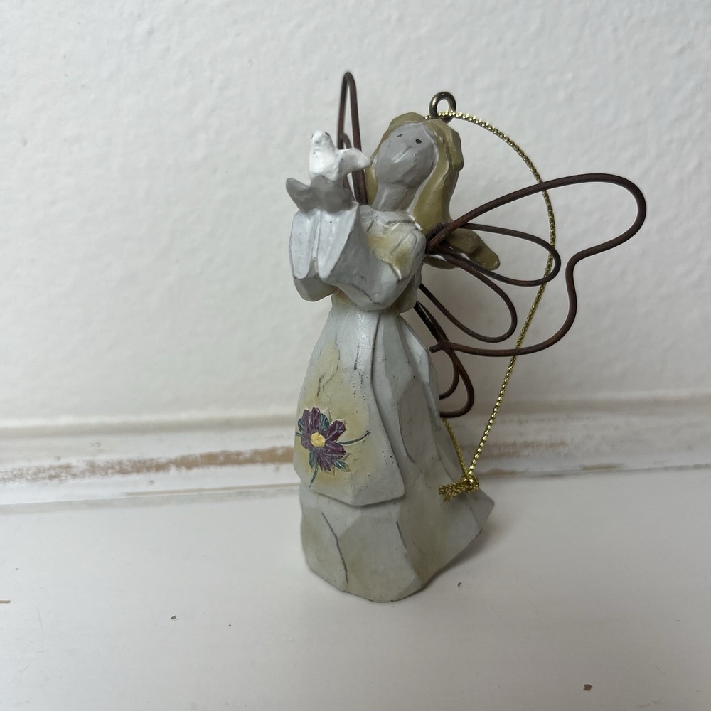 Angel With White Dove Poinsettia Apron Wire Wings Christmas‎ Ornament Figure